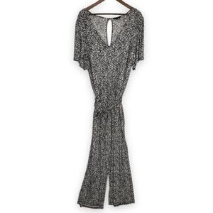 1.STATE Black White Multi Floral Flutter Sleeve Tie Waist‎ Jumpsuit Size 2X